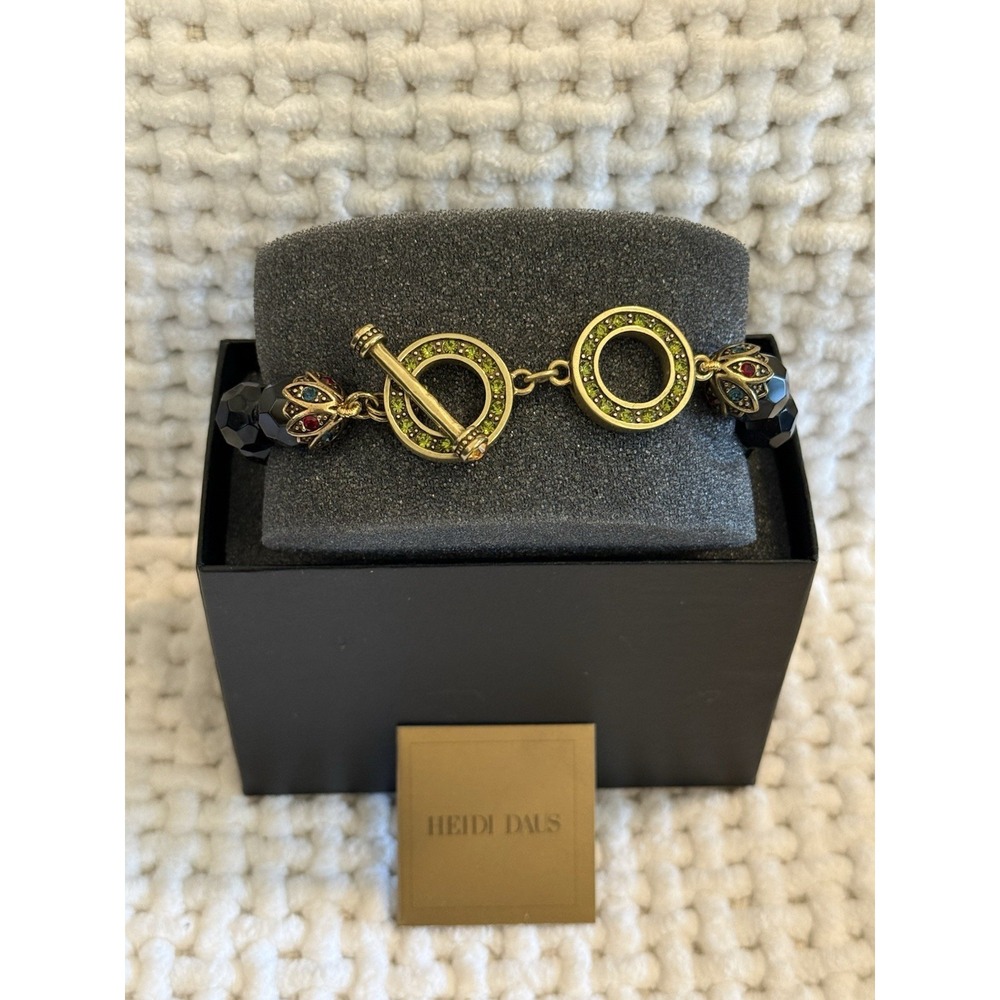 Heidi Daus Black Faceted Bead Bracelet Green Crystal Toggle Clasp NIB 532940 7NH